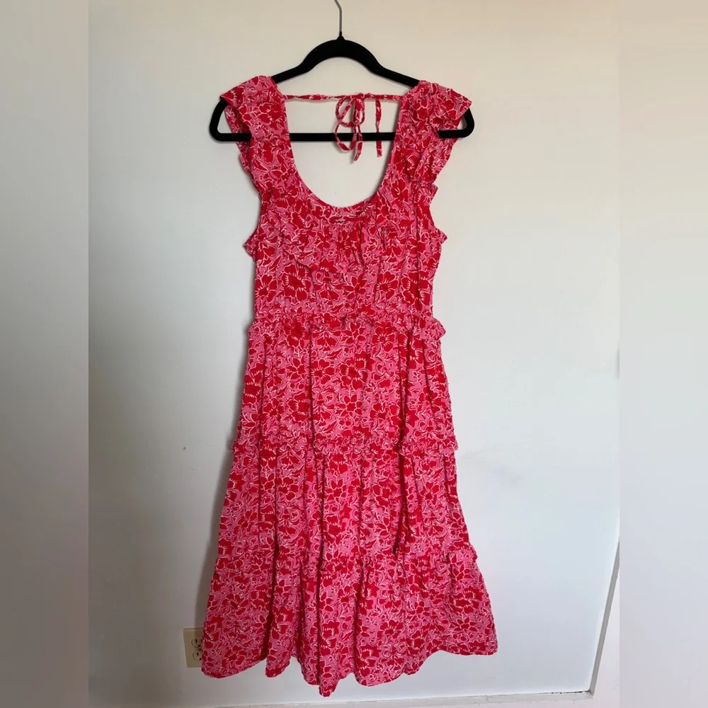 J. Crew Coral Pink Floral Tiered Midi Dress